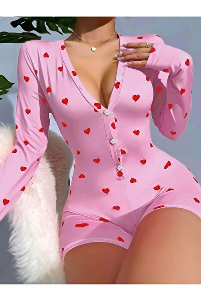Findit Pamuklu Pembe Kalp Desenli Düğmeli Tulum Pijama