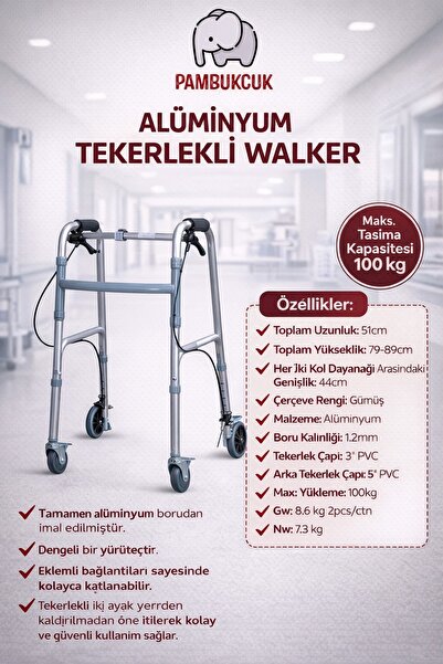 pambukcuk Alüminyum Tekerlekli Frenli Walker Yürüteç
