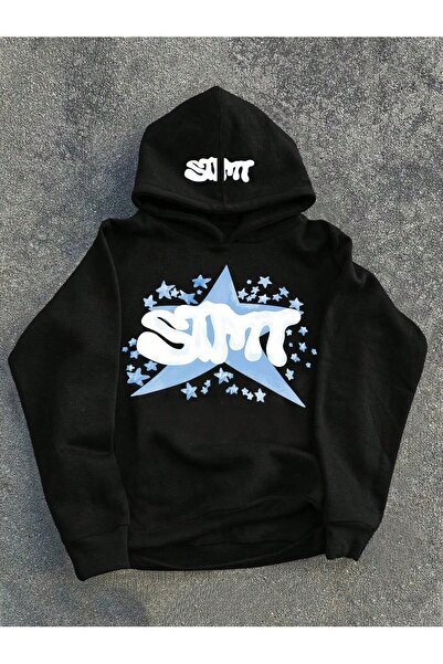 DİSCOST Hanorac negru cu glugă și model stele SNT, supradimensionat tricou
