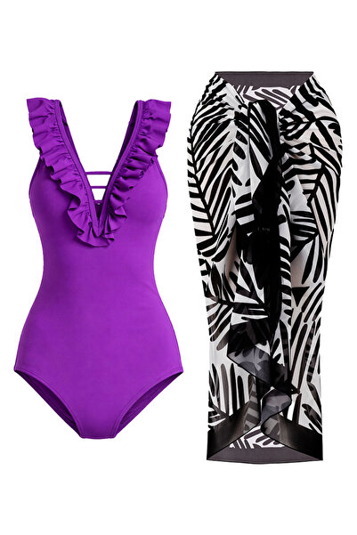 CUPSEA Thin and Effective Ruffled Front Purple Swimsuit Black Leaf 2-Piece Set