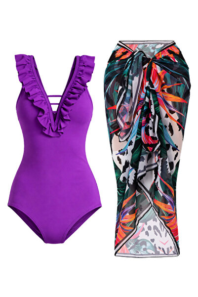 CUPSEA Slimming Effect Ruffled Front Purple Swimsuit Lana Black 2-Piece Set