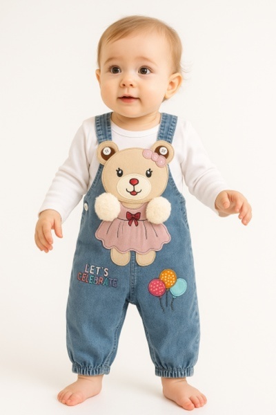 Pure Boutique Baby clothes set, denim jumpsuit with cotton teddy bear top, girls