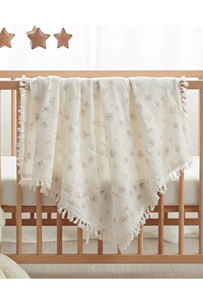 Ege Bebek Premium Quality, Puff Flower Patterned, 2-Layer Fringed Muslin Blan...
