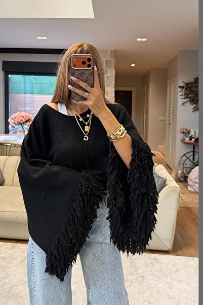 My Loore Women's Black Tassel Trim Knit Crop Sweater Mlb143