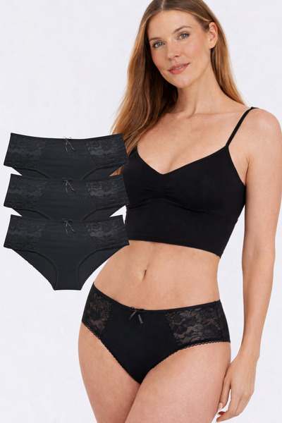 IPL Women's Panties,Women's Waist Lace Detailed Cotton Panties 3-Piece Black Set