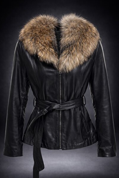 Levin Peak Blushia Premium Hakiki Deri Kadın Ceket Doğal Kürk Yakalı (Siyah)