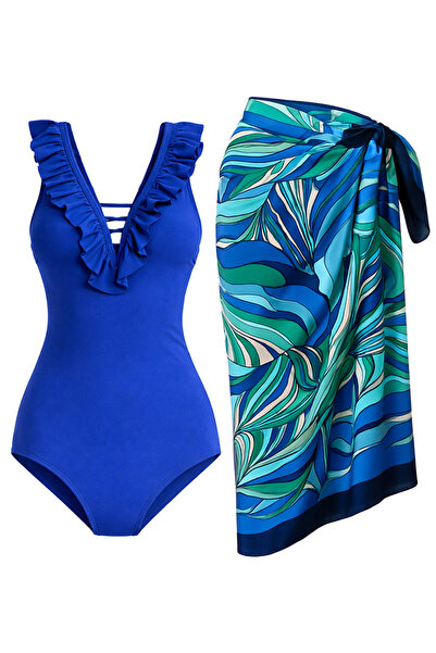 CUPSEA Blue Swimsuit with Ruffles on the Front and Sea Blue Pareo 2-Piece Set