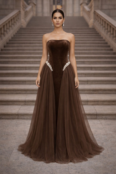 MODA Strapless Stone Velvet Evening Dress