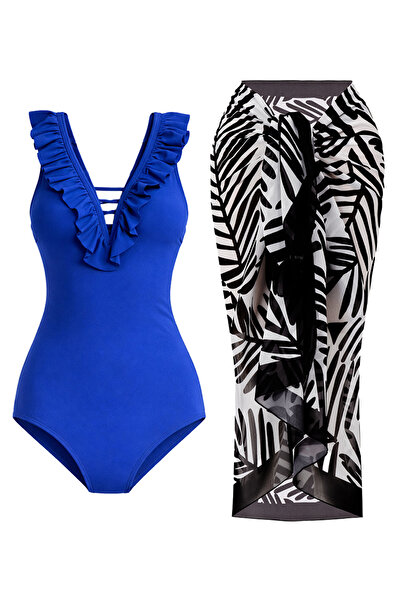 CUPSEA Blue Swimsuit with Ruffles on the Front, Black Leaf, 2-Piece Set