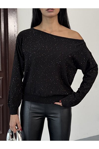 ROBAS Kayık Yaka Simli Kumaş ince Triko