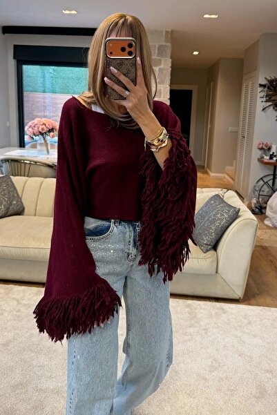My Loore Women's Burgundy Tassel Sleeve Knitwear Crop Sweater Mlb143