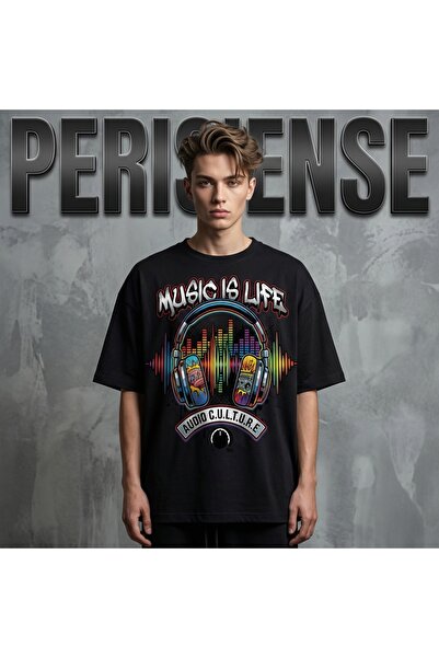 PERISENSE Unisex Music Is Life Printed Premium Combed Cotton Oversized T-Shirt