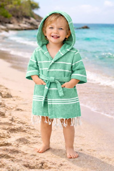 Loova Çocuk peştemal bornoz %100 pamuk kapüşonlu hafif hızlı kuruyan 1-2-3 ya...