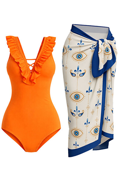 CUPSEA Yellow Swimsuit with Ruffles on the Front, Evil Eye Beads, Pareo, 2-Pi...