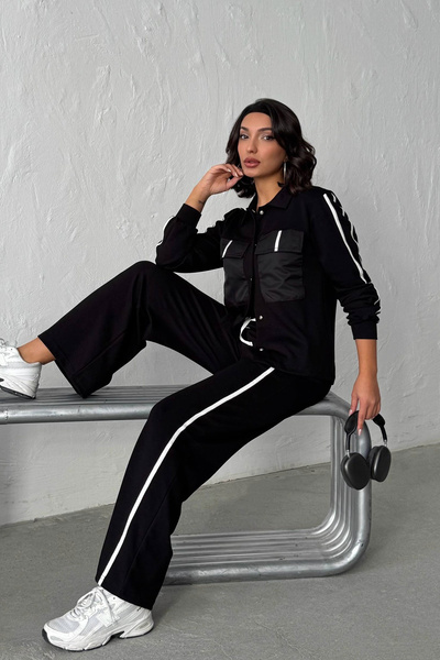 bacc Black Soft Textured Piped Palazzo Pants and Paneled Shirt Bottom Top Set...