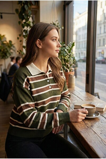 RAGİDE Striped Polo Neck Buttoned Knitwear Sweater