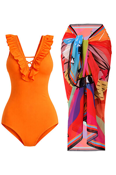 CUPSEA Thin, Effective, Ruffled Front Yellow Swimsuit Rainbow 2-Piece Set