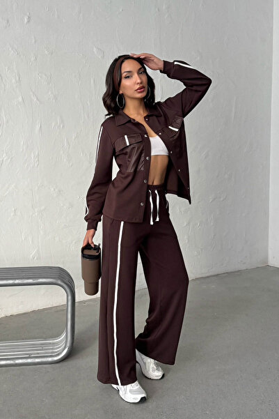 bacc Brown Soft Textured Piped Palazzo Pants and Paneled Shirt Bottom Top Set...