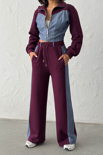 bacc Plum Denim Fabric Paneled Soft Textured Pants Jacket Suit Bchn-25261021