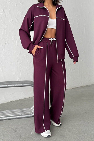 bacc Burgundy Soft Textured Piped Palazzo Pants and Zippered Sweatshirt Set B...