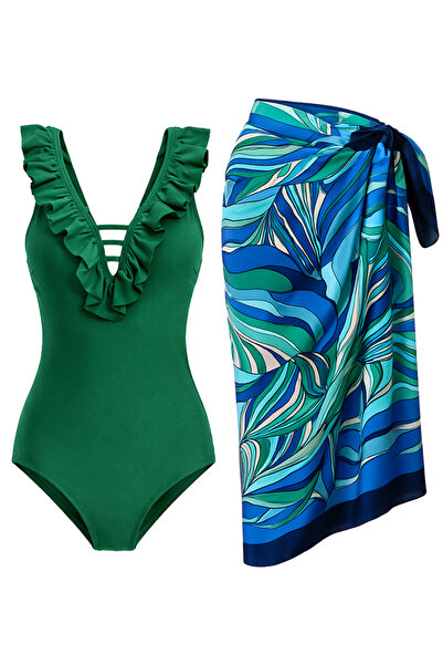 CUPSEA Green Swimsuit with Ruffles on the Front and Sea Blue Pareo 2-Piece Set