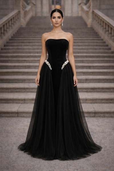 MODA Strapless Stone Velvet Stone Evening Dress