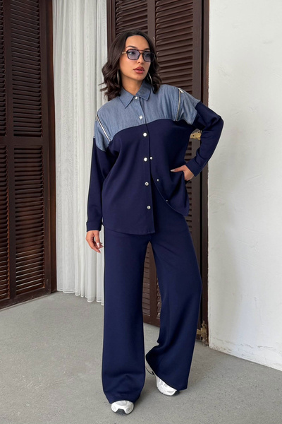 bacc Navy Blue Denim Fabric Paneled Soft Textured Pants Shirt Suit Bchn-25261022