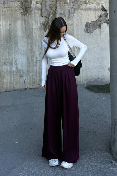 bacc Plum Pleated Detailed Spanish Ultra Soft Fabric Trousers Bcdf-25P0002