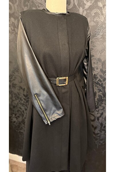 BukrinaCo Siyah kaşe kolları deri kloş midi boy kap kaban