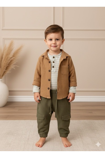 Babydola طقم ملابس للأطفال الذكور يتكون من قميص وبنطلون جوجر وتي شيرت مصنوع م...