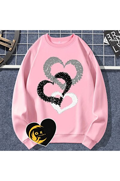 Kids Üç Kalp Halka Baskılı Kız Kışlık Çocuk Sweatshirt Pembe