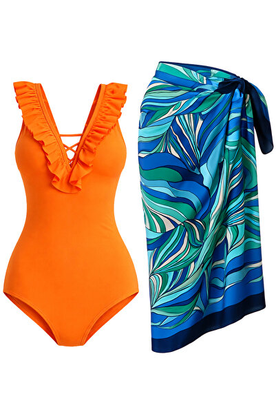 CUPSEA Yellow Swimsuit with Ruffles on the Front and Sea Blue Pareo 2-Piece Set