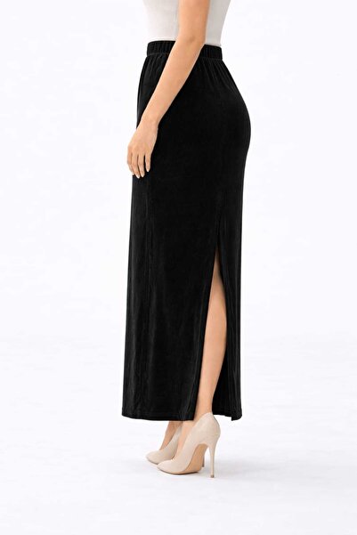 Butik Velvet Long Skirt with Elastic Waist and Slit at the Back, Product Leng...