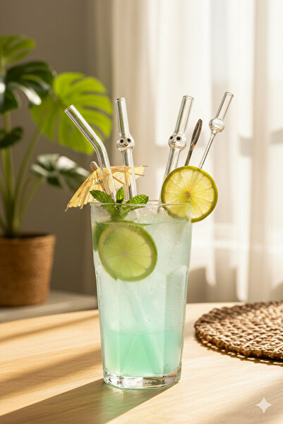 MHT 6-Piece Character Glass Straw Series - Transparent Glass Straw with Eye F...