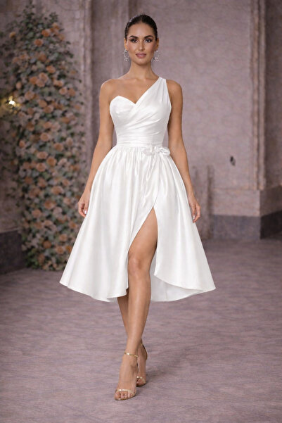 MODA One-Shoulder White Midi Dress,
