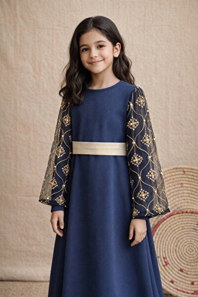 La reina petite جلابية شعبية كحلي مع حزام ذهبي للسن المحير والمحجبات من لارين...