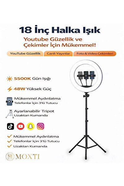 Moxti 18 Inç Kumandalı Işık LED 210 cm Tripod Youtuber Video Selfie Stüdyo Ma...