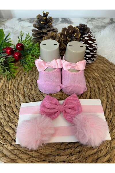 Thalia E-Store 3lü Fiyonk Detaylı Çorap ve Bandana Seti (Ponpon-Fiyonk)