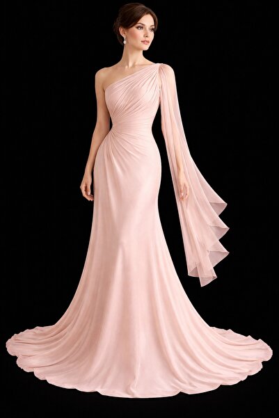 MODA One Shoulder Draped Long Evening Dress – Flowy Chiffon Design
