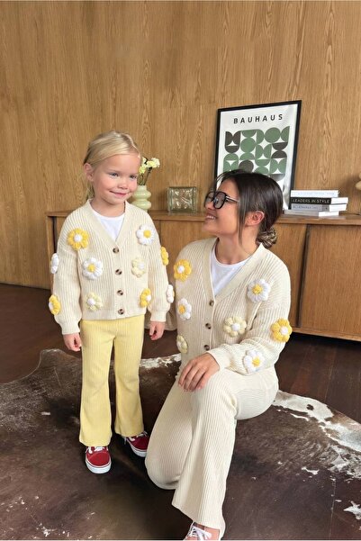 Pinkitokids Knitted Daisy Detailed Mother Cardigan-Yellow