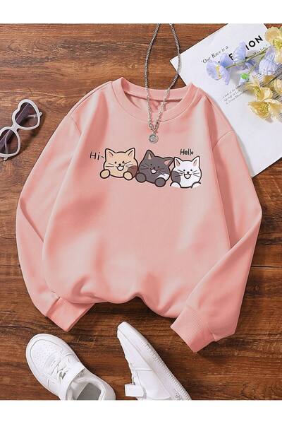 Kids Triple Cats Printed Girls Winter Kids Sweatshirt Pink