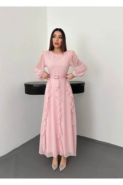 Starmount Butik Şifon Kumaş Uzun Boy Vatkalı Kemerli Püskül detay elbise