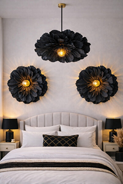 Bubihome Lumi Bloom Noir Avize + Duvar Apliği Seti – Çiçek Formlu El Yapımı A...
