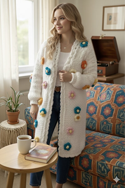 Zuviel Deco Handmade Handmade Floral Long Cardigan, Robe