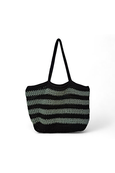 Perlaçeşme Macrame Rope Hand Knitted Green Black Women's Mesh Shoulder Bag