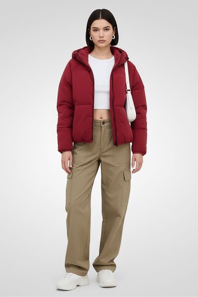 Calvin Klein Jeans Women Hooded Brand Logo Puffer Jacket, Red
