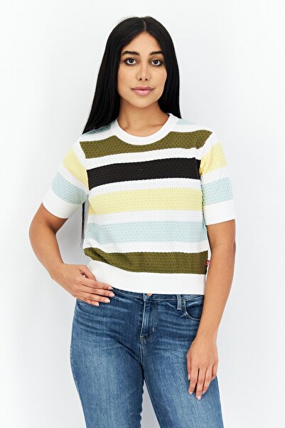 Levi's Women Crew Neck Short Sleeve Stripes Sweater T-Shirt, White Combo