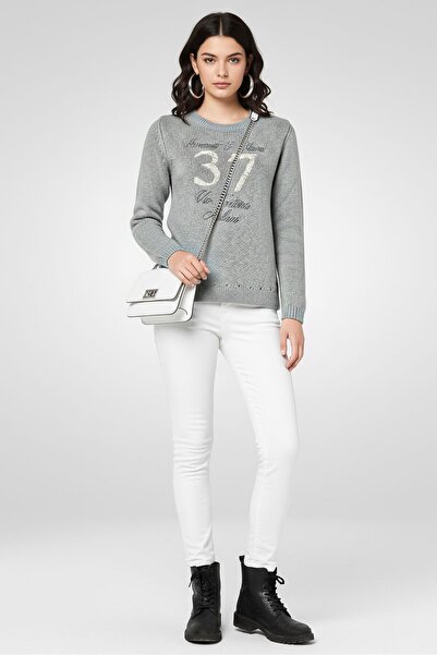 Harmont & Blaine سترة نسائية محبوكة بأكمام طويلة وياقة دائرية، رمادية