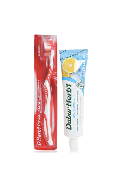 Dabur معجون أسنان عشبي، معجون أسنان مبيض بنكهة الملح والليمون 150 غرام + فرشا...