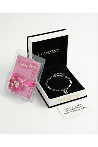 GLANZEND Baş Harfli Çelik Bileklik Ve Love Flowers Çiçek Sevgililer Gününe Özel
